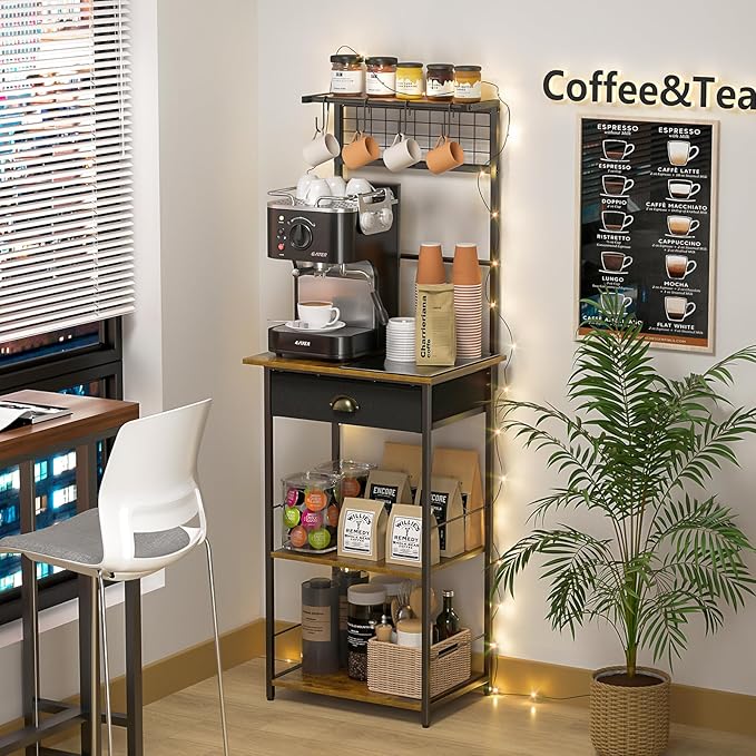 5 Tier Coffee Bar Station with Drawer, Kitchen Stand with 4 S-Shaped Hooks, Farmhouse Corner Coffee Bar Cabinet for Small Spaces, Bakers Rack for Kitchen, Living Room, 13.43" D x 18.93" W x 53.31" H