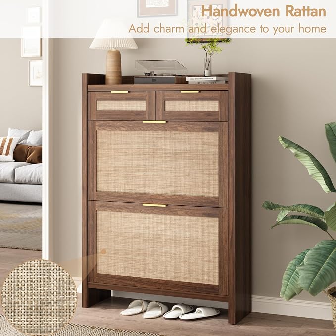 HOKYHOKY Rattan Shoe Storage Cabinet with 2 Drawers & 2 Flip Drawers – Hidden Slim Shoe Organizer for Entryway, Large Tabletop Space, Farmhouse Boho Narrow Shoe Rack, Walnut