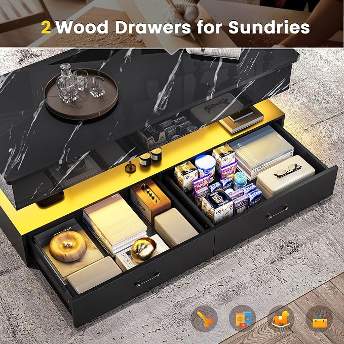 SEDETA 47.2" Lift Top Coffee Table, Coffee Tables with Storage for Living Room, 2 Drawers Coffee Table with Power Outlet & LED Light for Dining Reception Room, High Gloss Black Marble