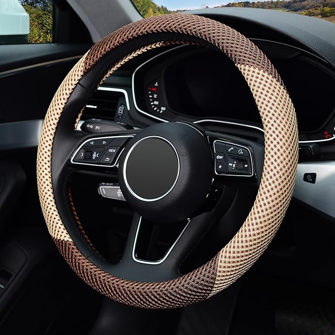 KAFEEK Steering Wheel Cover, Universal 15 inch, Microfiber Breathable Ice Silk, Anti-Slip, Odorless, Beige& Brown