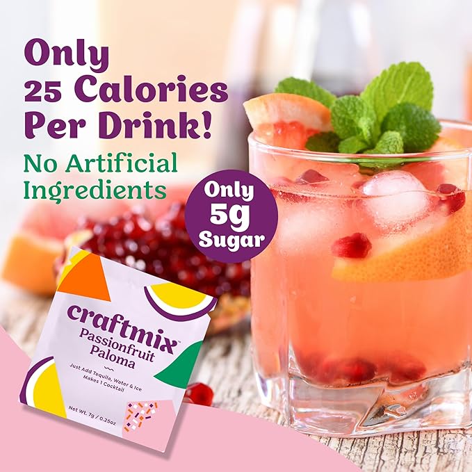 Craftmix Passionfruit Paloma Cocktail & Mocktail Drink Mixer, Skinny Mixes - Water Flavoring Packets - Made With Real Fruit - Vegan, No-Carb, No-Sugar, Non-GMO, Dairy Free, Gluten Free, 12 Pack