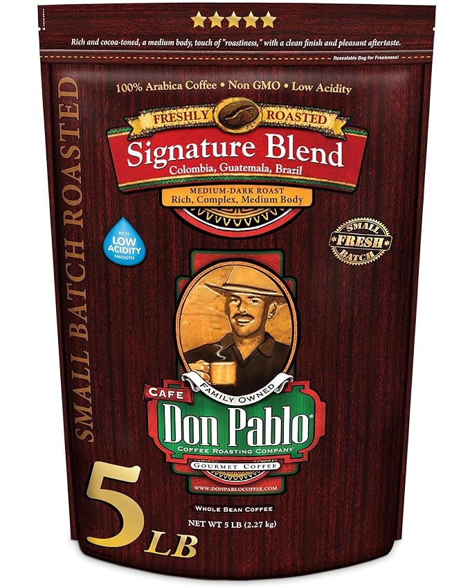 Don Pablo Gourmet Coffee - Signature Blend - Medium Dark Roast - Whole Bean Coffee - 100% Arabica Beans - Low Acidity and Non-GMO (80 Ounce, Original)
