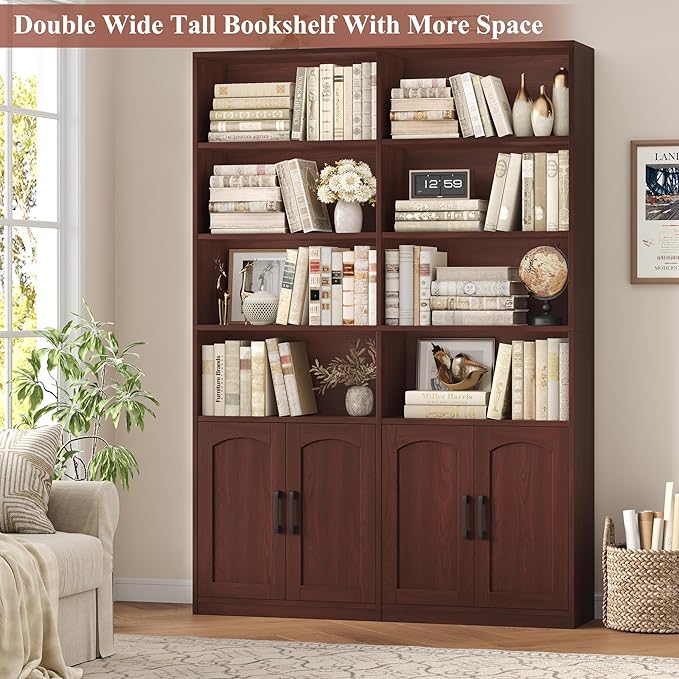 FACBOTALL Bookshelf and Bookcase with Doors, 6 Tier Double Wide Large Bookshelves, Open Display Shelves, 73'' Tall Bookshelf with Storage Cabinets for Home Office, Living Room, Library, Cherry