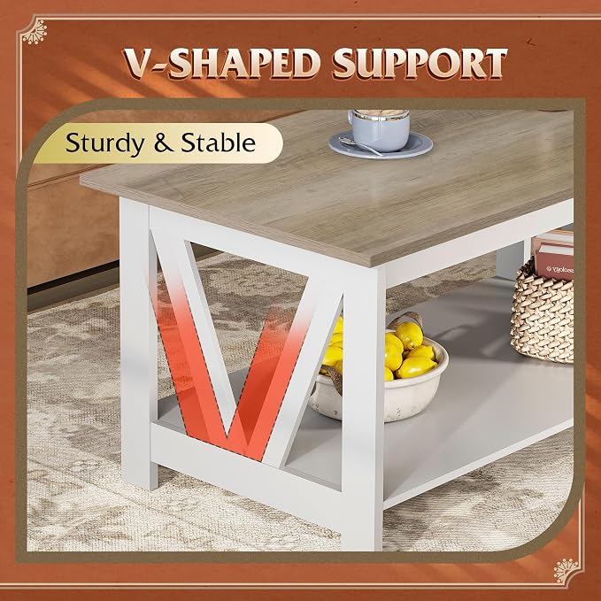 WLIVE Coffee Table for Living Room with Storage Shelf, 39.4" Farmhouse Coffee Table with V-Frame Support, 2-Tier Wood Rustic Center Table for Home Office, Apartment, Greige & White