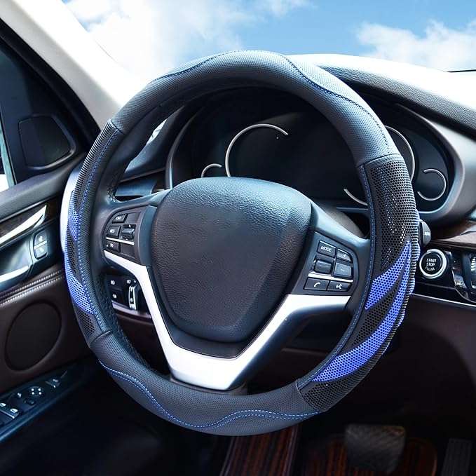 Alusbell Microfiber Leather Steering Wheel Cover Breathable Auto Car Steering Wheel Cover for Men Large-Size with 15 1/2 inches-16 inches Outer Diameter Blue