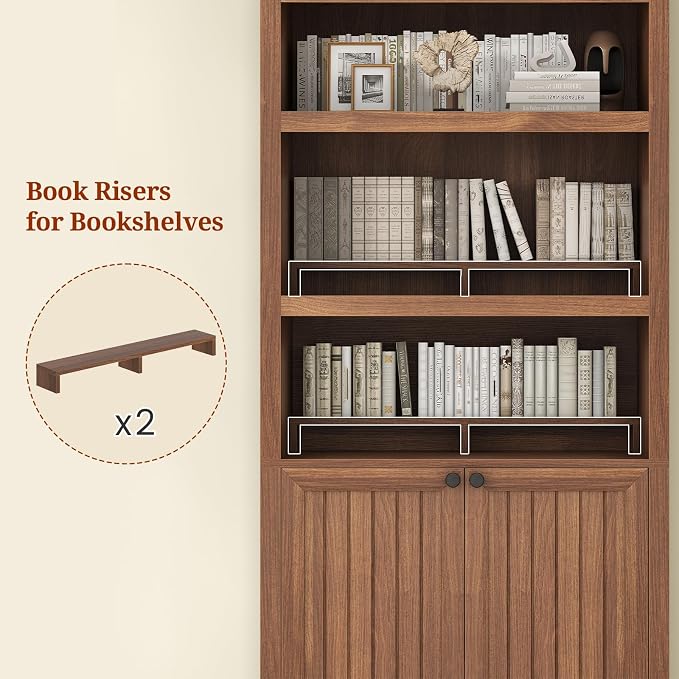 81" Tall Arched Cabinets,Bookcase with storage,Mid-Century Modern 6-Tier Bookshelf with Door,2 Book Risers and Adjustable Shelves offering more storage space for Living Room,Kitchen,Home Office,Brown