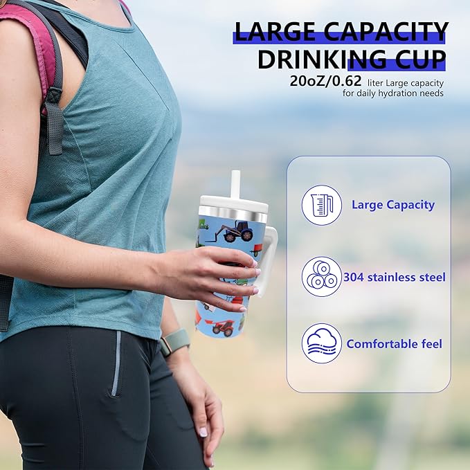 2PCS 20-OZ Insulated Water Bottle,Insulated Stainless Steel Tumbler,Reusable Cold Drink Thermos,BPA-Free, Double-Wall Stainless Steel Water Bottle (Blue-Farm Vehicles, 20, Fluid Ounces)