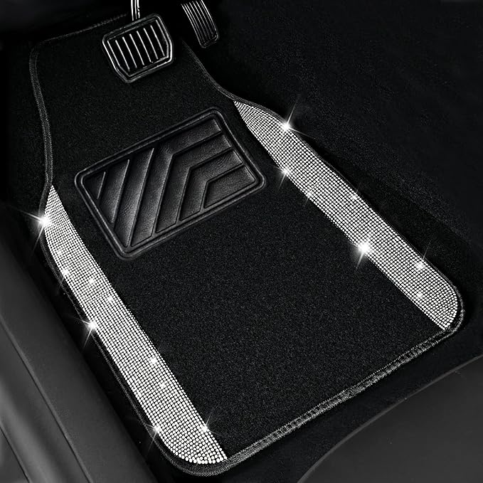CAR PASS Bling Diamond Car Mats Shining Carpet Crystal Rhinestones Sparkly Glitter Floor Mats with Anti-Slip PVC Heel Pad Universal for Automotive SUV, Sedan, Van, 3pcs for Girl Women, Black Silver