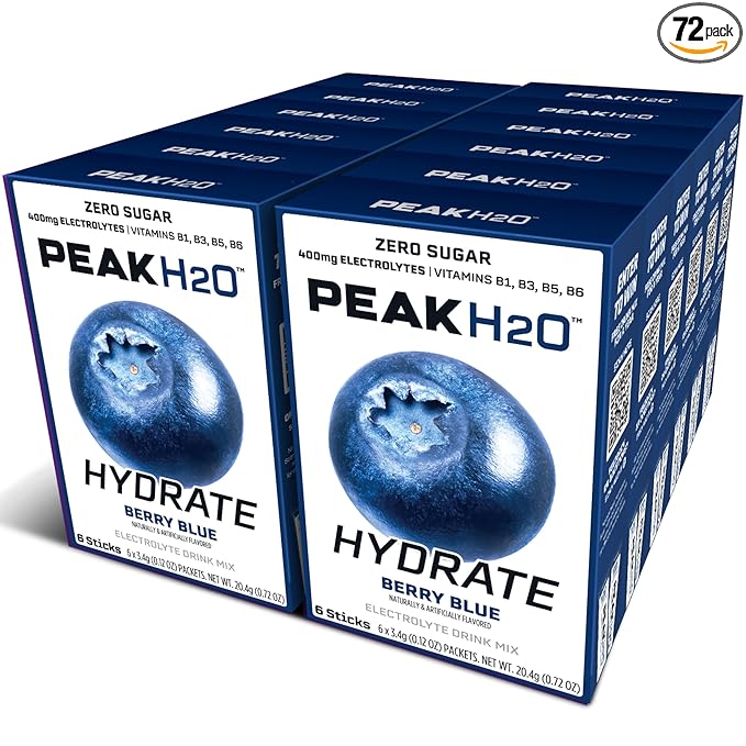 PeakH20 Electrolytes Powder Hydration Packets | Berry Blue | 72 Servings | Sugar Free Water Flavor Packets for Workout Recovery