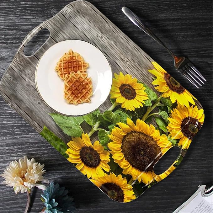 Serving Tray Decorative Tray with Handles Multi-Purpose Rectangular Serving Trays for Restaurant, Parties, Coffee Table, Kitchen - Sunflower Wood Grain Background