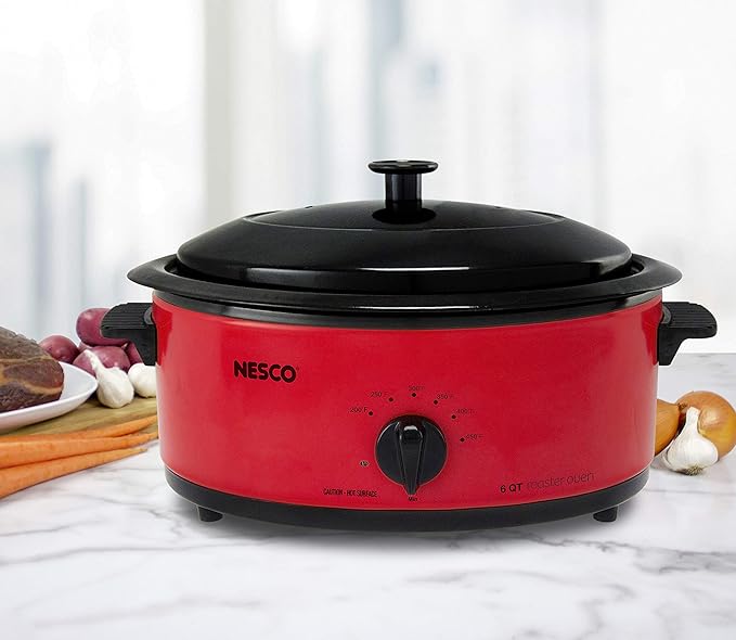 NESCO 4816-12, Roaster Oven with Porcelain Cookwell, Red, 6 quart, 750 watts