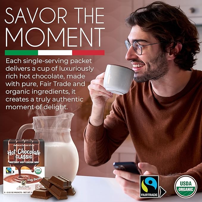 Cafe Garibaldi Premium Hot Chocolate Classic - Organic Instant Cocoa Mix with Cocoa Powder, Fair Trade Gluten-Free & GMO-Free 8 Servings x 0.62oz Packets, Ideal Italian Hot Chocolate Gift