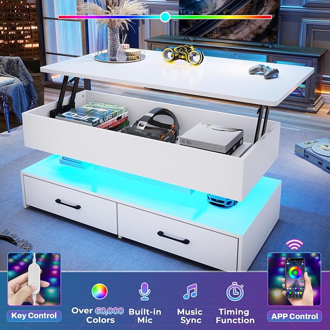 SEDETA 40" Lift Top Coffee Table, Coffee Tables with Storage for Living Room, Small Coffee Table with 2 Drawers & LED Light for Dining Reception Room, White