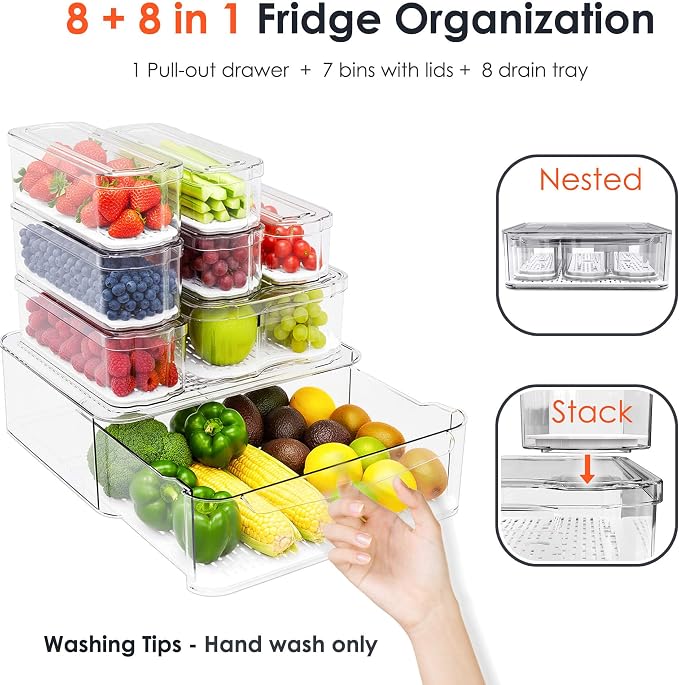 SMRCAD Fridge Organizers and Storage, 8 Pack Clear Freezer Organizer Bins with Lids for Kitchen, Pantry, Refrigerator, Food, Fruit, Vegetable Storage (8 Bins (Include Pull-out Drawer))