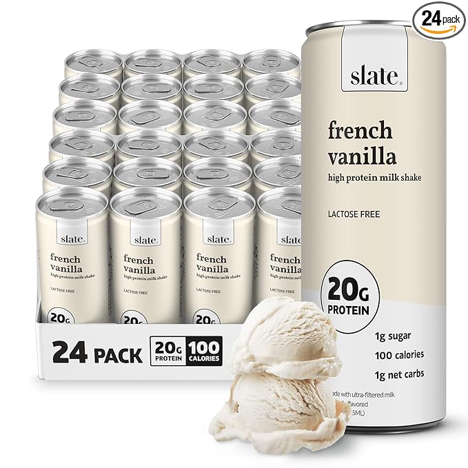Slate Milk - High Protein Milk Shake - French Vanilla - Lactose Free, 20g Protein, 1g Sugar, 100 Calories, 1g Net Carbs, No Added Sugar - Natural, Breakfast Boost, Post Workout - 11 fl oz, 24 Cans