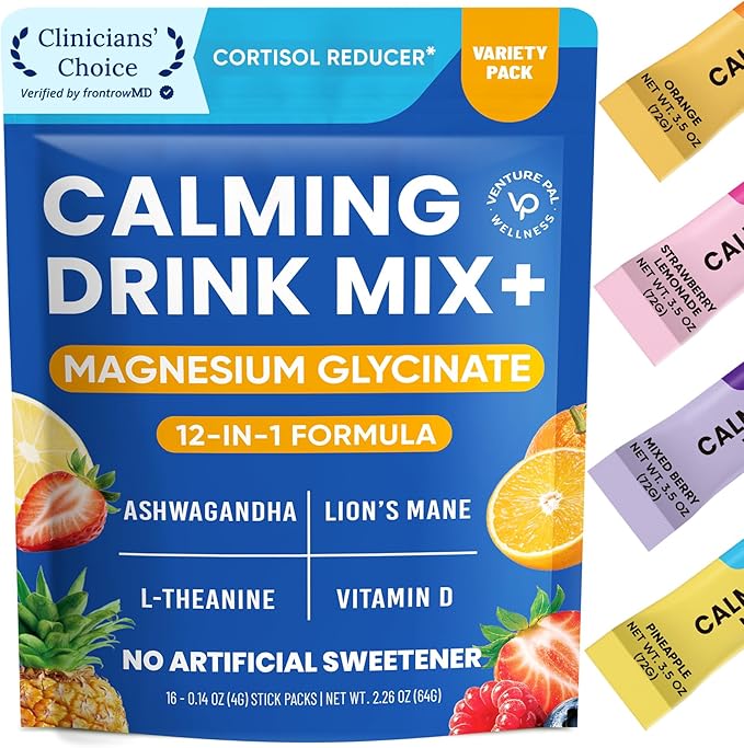 Venture Pal Calm Drink Mix, Cortisol Reducer and Sleep Aid with Magnesium Glycinate, Ashwagandha, L-Theanine,Vitamin D, Calm Magnesium Powder for Relax & Focus, No Sugar, Non GMO, Vegan & Gluten-Free
