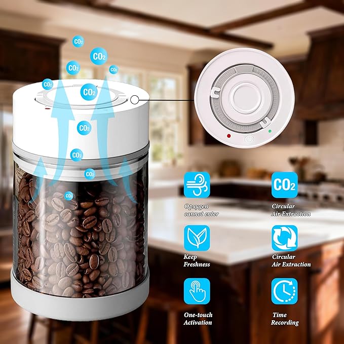 Electric Airtight Coffee Vacuum Canister, Vacuum Seal Jars for Coffee Bean Storage, Automatic Vacuum Seal Containers for Ground Coffee-Keeps Coffee Fresh with Electric Air Extraction Technology 1350ml