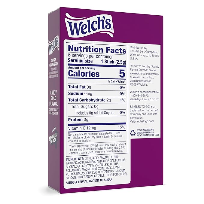 Welch's Singles To Go Water Drink Mix - Powder Sticks, 12 Boxes with 6 Packets Each - 72 Total Servings, Grape Cranberry, Pack of 12