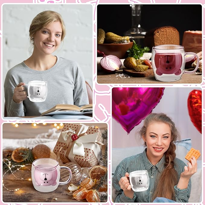 Patelai Cute Bear Tea Cup Double Wall Glass Milk Coffee Bear Mug with Handle Insulated Espresso Christmas Beer Cup Cute Birthday Gift for Women Men Valentine, 250 Ml/ 8. 4 oz(Pink, White,2 Pieces)