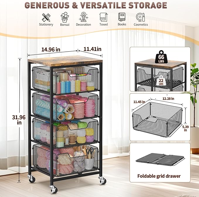 Rolling Cart with Drawers, 4-Tier Utility Cart Storage Organizer with Lockable Wheels, Metal Craft Storage Cart with Wooden Top for Kitchen, Bathroom, School, Studio, Office, Bedroom, Black