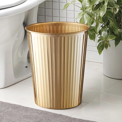 Monarch Abode Metal Bathroom Trash Can – Waste Basket for Bedroom, Office Desk, & Dorm, Handcrafted Ridge Embossed, Durable Decorative Brushed Gold Small Trash Can Bathroom Garbage Bin Wastebasket