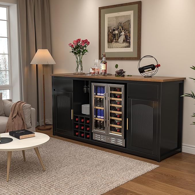 GDLF Extra Long Bar Cabinet with Fridge Space, Modern Wine Liquor Cabinet with Storage and Power Outlet, Buffet Sideboard with Fluted Doors for Home, 78.7 Inch, Black
