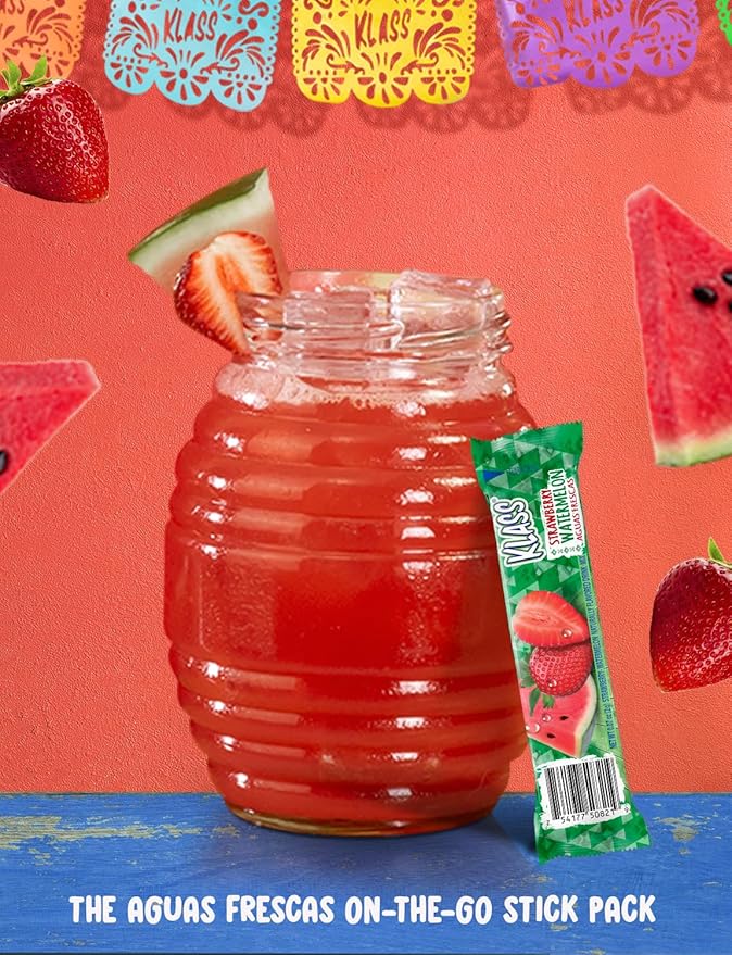 Klass Aguas Frescas, Powdered Drink Mix Variety Pack, 44 Singles Zero Sugar & Caffeine-Free Powder Packets, Water Drink Mix, Flavors: Cucumber Limeade Pineapple Tangerine Strawberry Watermelon & Hibiscus Berries - 5 Calories Per Packet & Natural Flavors