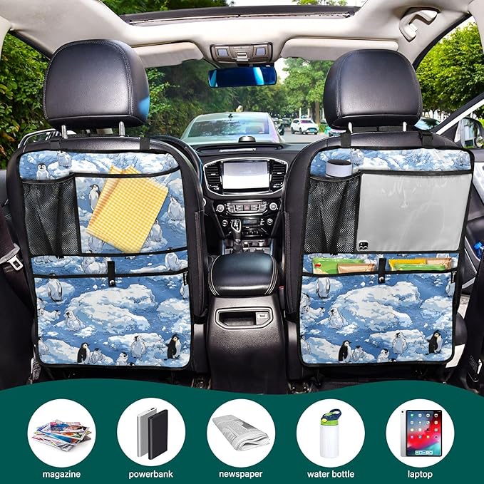 2 Pack Back Seat Car Organizer with Storage Pockets Kick Mats Back Seat Protector Hanging Car Organizer Automotive Seat Back Cover Organizers Blue Penguins Ice Flowers Snow