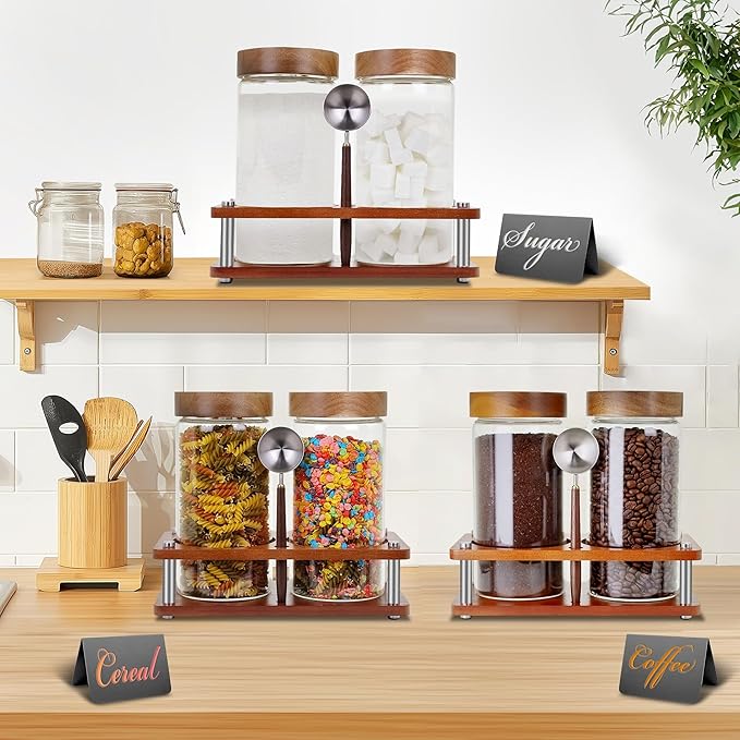 Glass Coffee Grounds Container with Shelf, 2 × 45 oz Glass Coffee Canisters with Airtight Thread Lid, Storage Jars with Stainless Steel Spoon for Coffee Bean, Sugar,Nut