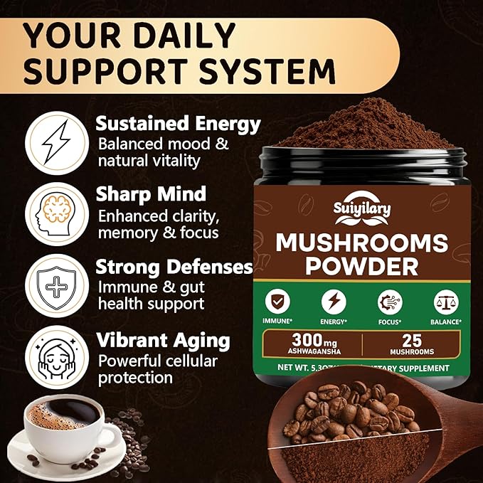 25 in 1 Mushroom Powder, Mushroom Coffee Alternative with Ashwagandha, Lion’s Mane, Chaga & More, Keto Friendly, Sugar Free, Mushrooms Extract Supplement for Immune, Focus & Energy, 60 Servings