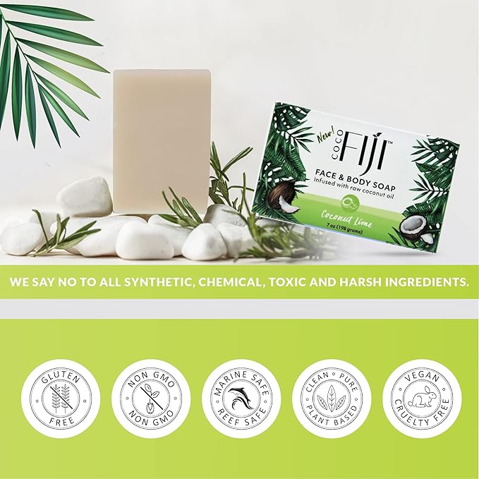 Coco Fiji Soap Bar for Face and Body Infused With Organic Coconut Oil, Coconut Lime, Essential Oil, Natural Soap for Moisturizing & Pore Purifying Skin, 7 oz,Pack of 2