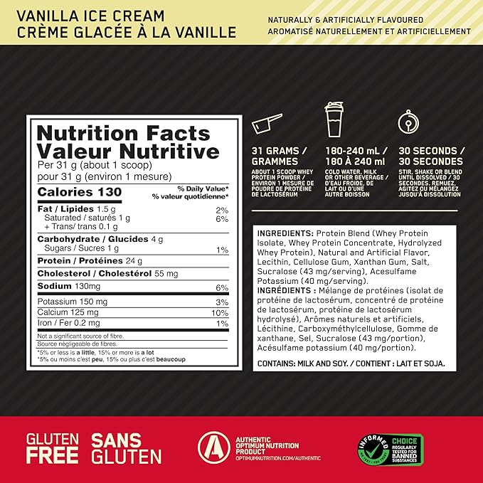 Optimum Nutrition Gold Standard 100% Whey Protein Powder, Vanilla Ice Cream, 2 Pound (Packaging May Vary)