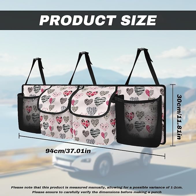 CLOHOMIN Heart Car Trunk Organizers and Storage Valentine's Day Backseat Car Organizer with Net Pink Car Storage Bag with 4 Pockets Car Accessories Gifts for Women