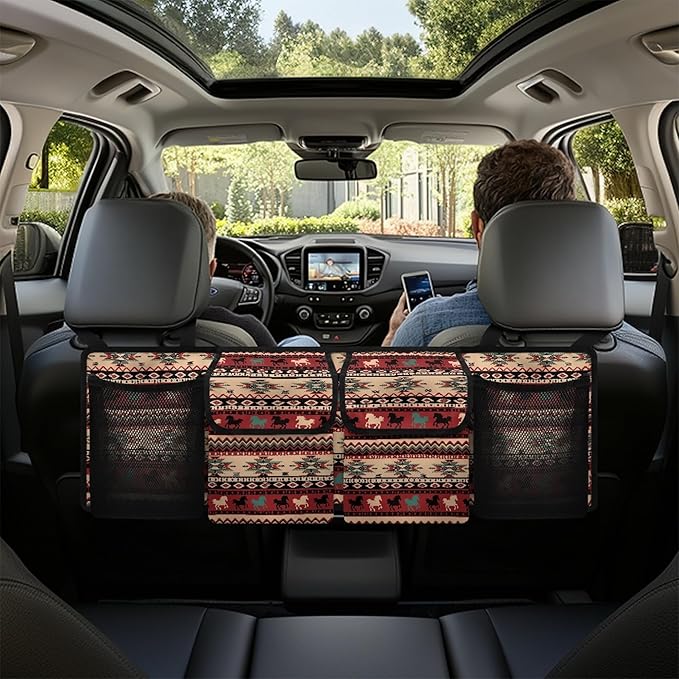 CLOHOMIN Southwest Aztec Horse Car Seatback Organizer Large Capacity Car Trunk Organizer Hanging Car Storage Bags with 4 Pockets Washable Car Trunk Mesh Storage Car Decor
