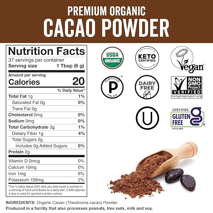 Organic Cacao Powder, Unsweetened, 8 oz (227 g) – Rich Dark Chocolate Flavor, Perfect for Baking, Smoothies & Hot Chocolate – Vegan, Keto, Paleo, Non-GMO & Gluten-Free Cocoa Powder