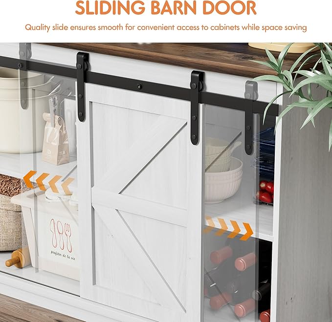 Shahoo Farmhouse Sideboard Buffet Cabinet, Coffee Bar Storage with Sliding Barn Doors, Shelf for Home Dining Room, White