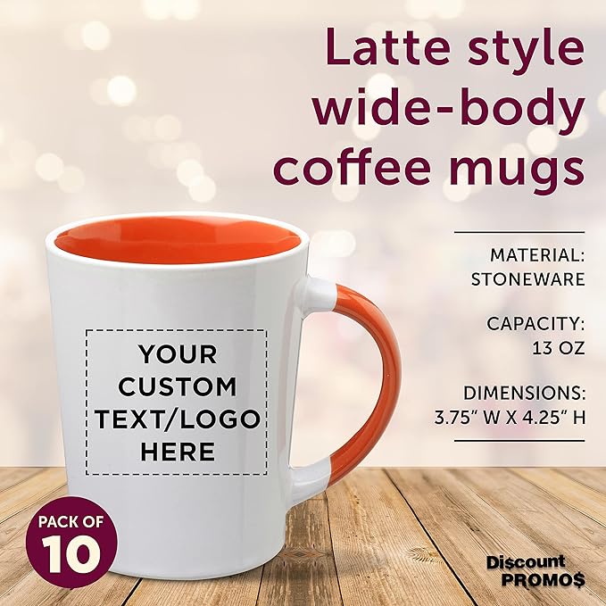Custom Ceramic Latte Coffee Mugs by Albany 13 oz. Set of 10, Personalized Bulk Pack - Perfect for Coffee, Tea, Espresso, Hot Cocoa, Other Beverages - Orange