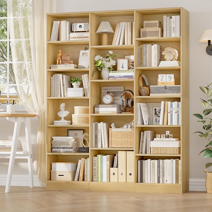 FACBOTALL Triple Wide Bookshelf, 6 Tier Large Bookshelf, Bookcase with 17 Open Display Shelves, 74'' Tall Bookcases and Bookshelves for Living Room, Home Office, Library, Natural