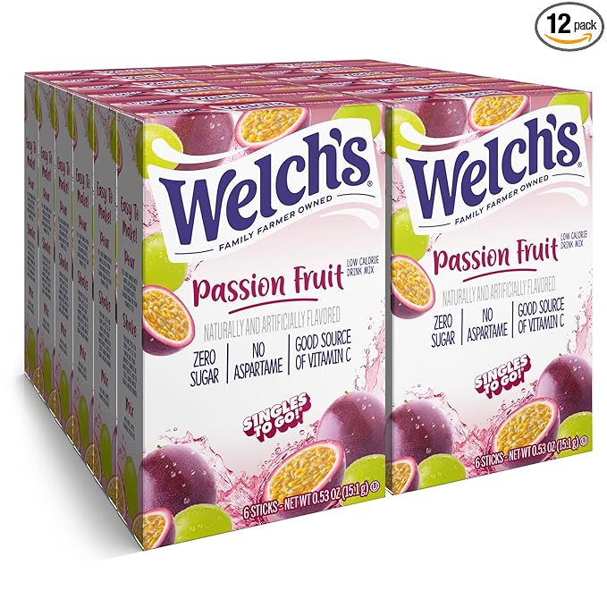 Welch's Singles To Go Water Drink Mix - Passion Fruit Powder Sticks (12 Boxes with 6 Packets Each - 72 Total Servings)