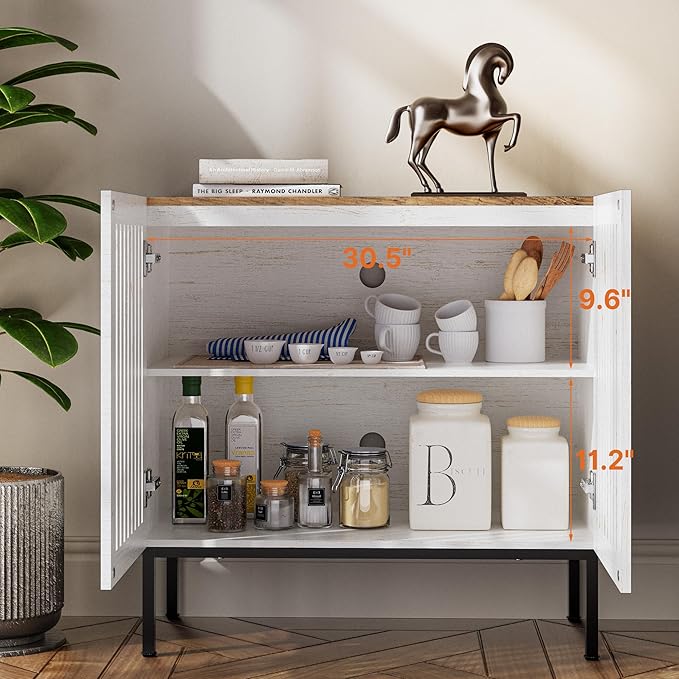 31.5" Farmhouse Buffet Cabinet with Metal Base, Adjustable Shelf & 2 Doors, Antique White Storage Sideboard for Kitchen, Dining & Living Room