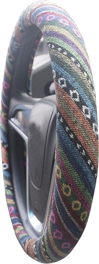Medium Ethnic Style Coarse Flax Cloth Automotive Steering Wheel Cover Anti Slip and Sweat Absorption Auto Car Wrap Cover (14.5''-15'',C)