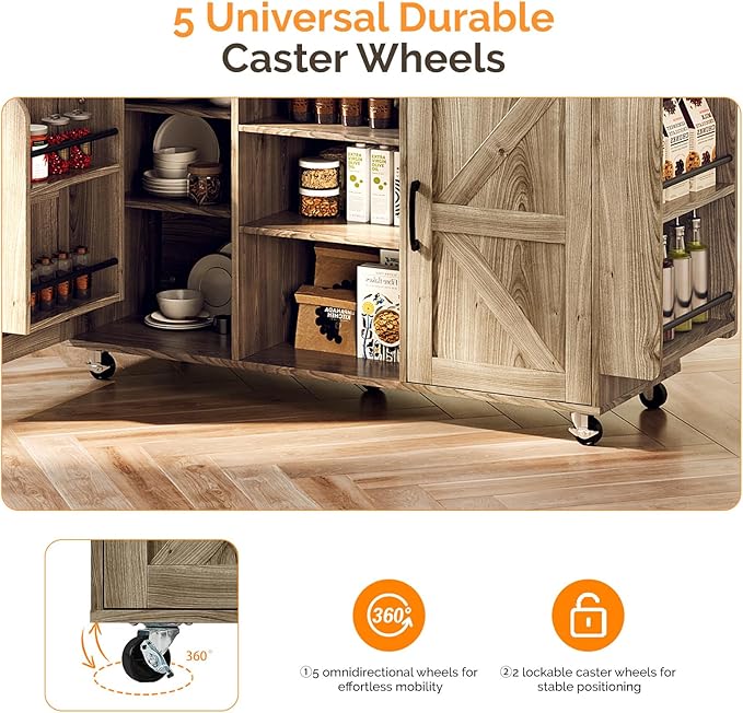VINGLI Kitchen Island with Storage, 52" Rolling Kitchen Cart with 3 Drawers & Shelves, Drop Leaf Design, Mobile Island with Barn Doors, Towel & Spice Rack for Kitchen & Dining, Grey Brown Oak