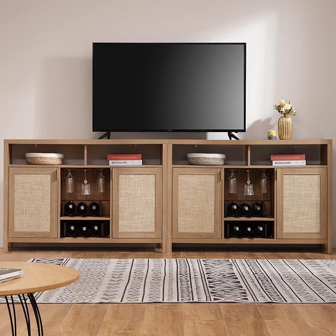 SICOTAS Rattan Coffee Bar Cabinet, 102" Farmhouse Sideboard Buffet Cabinet with Storage, Boho Liquor Wine Cabinet Set of 2 Credenza Console Buffet Table for Home Living Dining Room Entryway, Natural