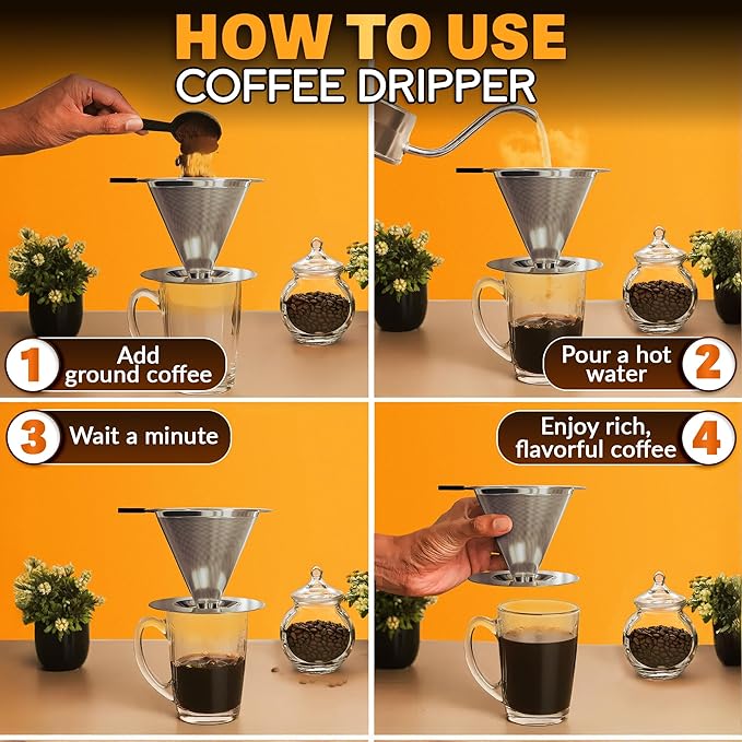 Stainless Steel Pour Over Coffee Maker With Cleaning Brush & Non-Slip Silicone Handle - 2 Cups Capacity Stainless Steel Pour Over Coffee Dripper With Secure Wide Base, Clean Flavor Paperless