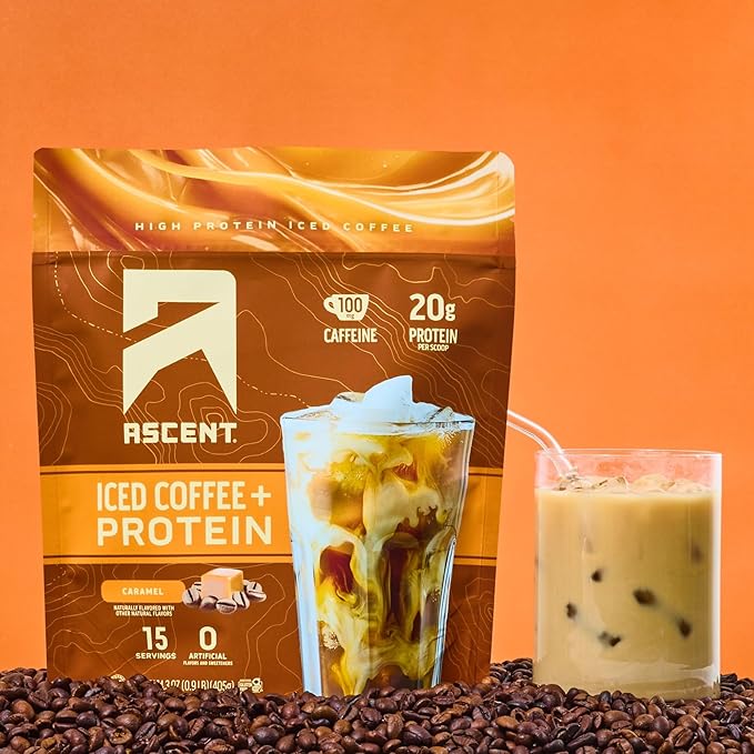 Ascent Caramel Iced Coffee Protein Powder - High Protein Powder, 20 g Protein & 100 mg Caffeine from Premium Colombian Coffee, Zero Artificial Flavors & Sweeteners - 15 Servings