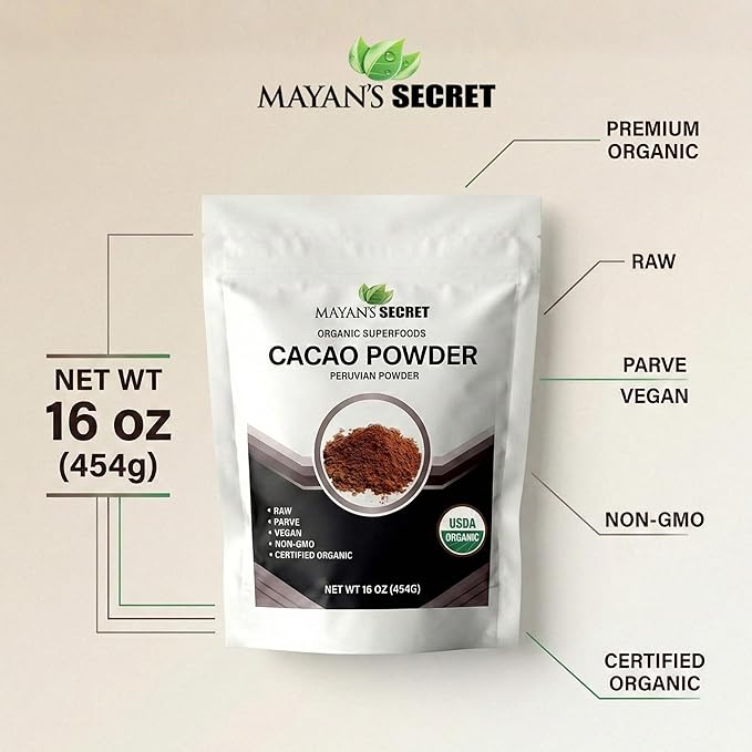 Mayan’s Secret - Organic Cocoa Powder Unsweetened - Raw Cacao Powder Organic Pure Dark Cacao for Smoothie, Coffee and Drink Mixes - Non-Alkalized, Vegan & Gluten Free (1 Pound - Pack of 1)