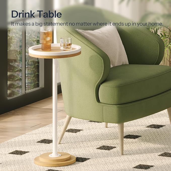HOOBRO Small Round Side Table, Drink Table, Coffee Martini Table with Pedestal Accent for Small Spaces in Living Room, Bedroom, Sofa Couch, Natural and White WN168BZ01