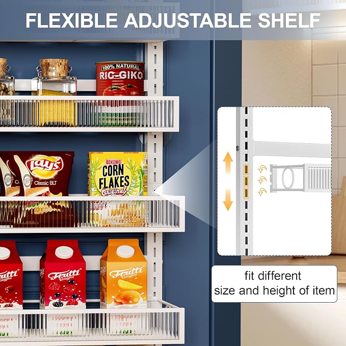 Over the Door Pantry Organizer 6 Tier Hanging or Wall Mounted Spice Rack with Adjustable Basket,Heavy Duty Metal Seasoning Organizer Shelf for Kitchen Pantry and Bathroom