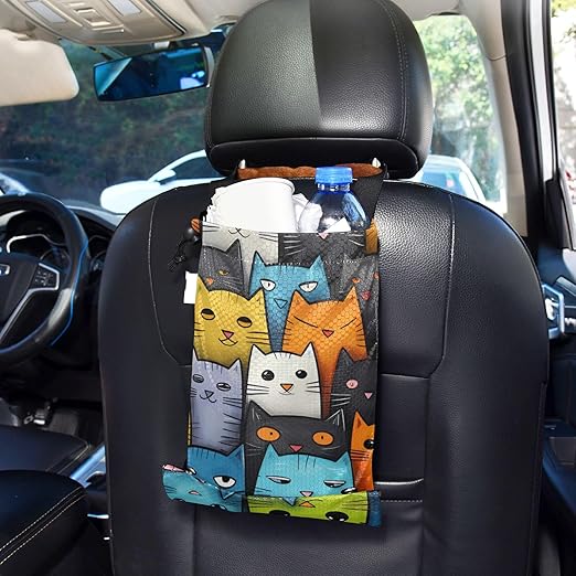 ALAZA Hanging Car Trash Bags Garbage Bag Trash Can for Back Seat Small Colorful Cat Vintage Washable Storage Bag Retractable 2 Pack