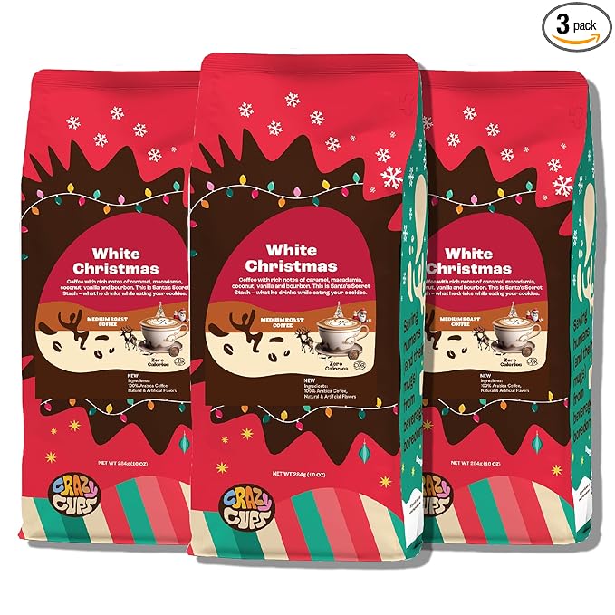 Crazy Cups Flavored Ground Christmas Coffee, White Christmas Coffee, For Brewing Flavored Hot or Iced Coffee, 10 oz Bag (Pack of 3)